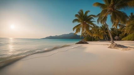 tree on the beach sandy tropical beach with island on background a photo   a sunny and relaxing mood sandy 
