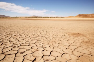 Wide-angle view of a vast cracked desert expanse beneath a spacious sky. Desert of Cracks - A Dry Earth's Tapestry