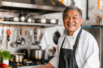 Smiling Asian chef in professional attire standing in a commercial kitchen