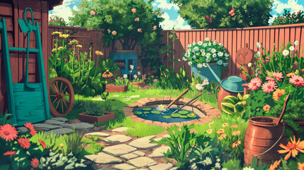 Fototapeta na wymiar Idyllic Spring Garden Scene with Blooming Flowers, Rustic Watering Can, and Pond - Tranquil Backyard Illustration