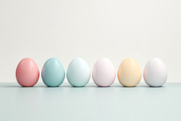 Six colorful Easter eggs ranging from in soft pastel colours on a soft background. Image for cooking or Easter, minimalistic design..