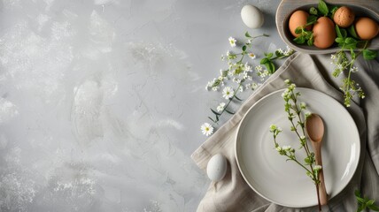 an Easter table setting adorned with colorful decorations and holiday-themed elements, ample copy space for personalized messages and greetings.