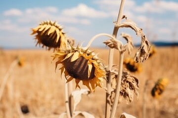 A close-up of dehydrated sunflowers bowing in a barren field, a stark reminder of drought's toll on agriculture. Thirsty Fields: Sunflowers Wilting in the Drought