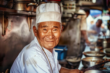 A smiling, elderly Asian chef in his kitchen, surrounded by cooking utensils.