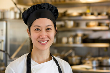 Asian female chef with a warm smile in a professional kitchen
