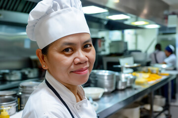 Friendly female chef smiling in a bustling commercial kitchen setting