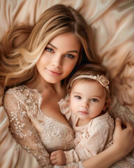 A beautiful young mother and her little child in soft lace.