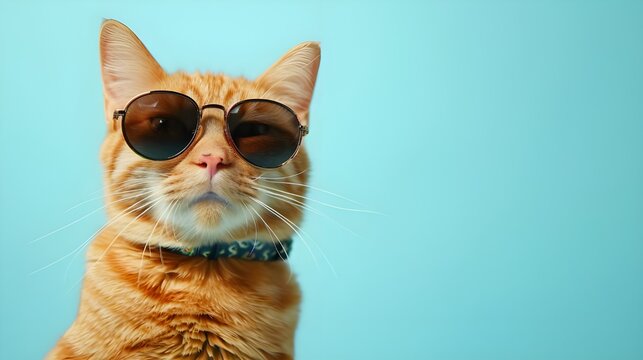 Closeup portrait of funny ginger cat wearing sunglasses isolated on light cyan. Copyspace. © Muzikitooo
