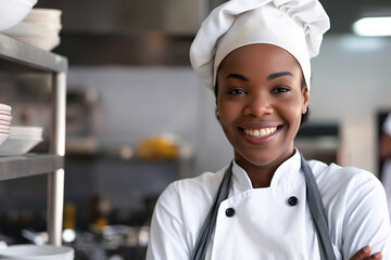 A cheerful African American chef with a beaming smile in a commercial kitchen
