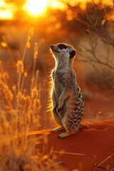 A meerkat on guard in the golden light of the desert