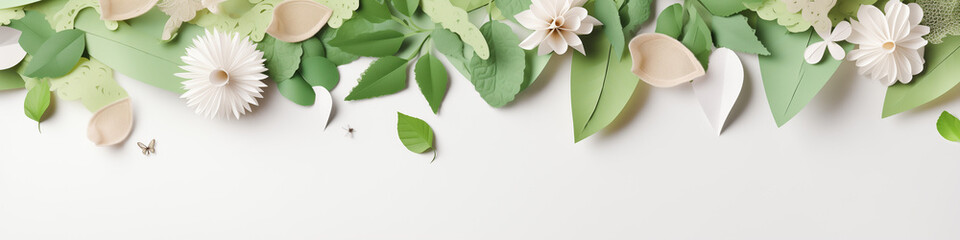 Eco-Friendly Spring Banner with Sustainable Green Leaves and White Blooms, Paper Cut Design for Environmental Awareness Campaigns and Nature-Themed Backgrounds