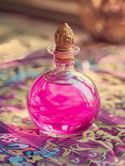 Ornate Pink Potion Bottle on Patterned Fabric