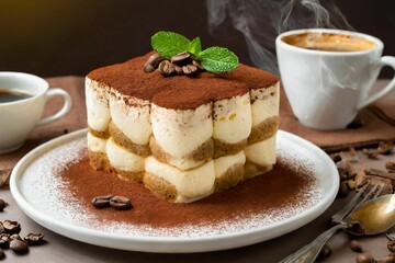 Premium tiramisu cake desert with a cup of coffee serving