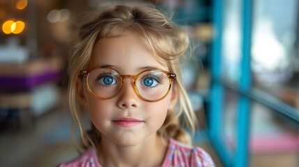 A child smiles wearing glasses against a plain background. Banner, copy space. Concept: eye health and safety awareness month for children and adults