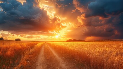 Golden sunset on a rural country road - obrazy, fototapety, plakaty