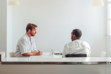 Two doctors in a bright office discussing a case