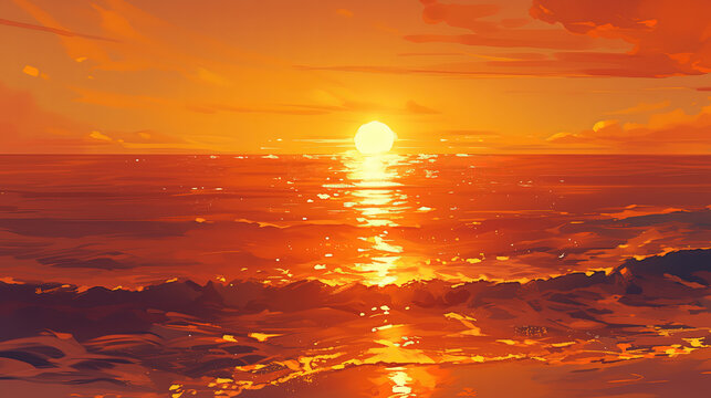 Sunset over the ocean the orange sun touches the horizon, reflecting in the gentle waves 