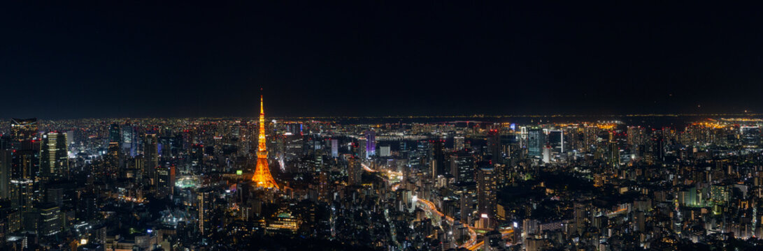 Aerial view of Tokyo city view with Tokyo tower in night time . Tokyo is a most popular city in Asia.Tokyo is both the capital and largest city in Japan. © hicham