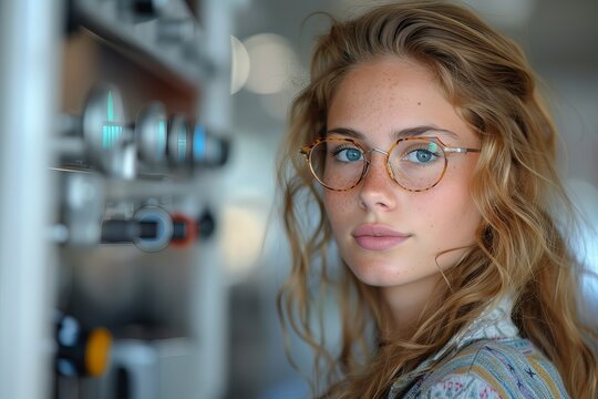 A child smiles wearing glasses against a plain background. Banner, copy space. Concept: eye health and safety awareness month for children and adults