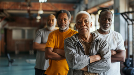  older black men standing united in a gym, their arms folded in a display of strength and defiance