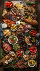 table full of different types of food, top down view 