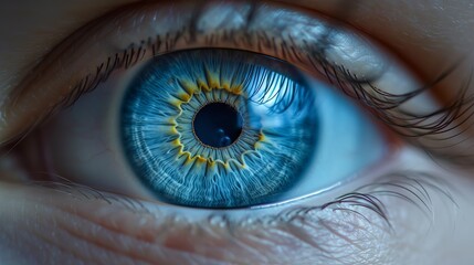 human eye is blue with an expressive multi-colored iris surrounded by long eyelashes against the background of the skin. Concept: Ophthalmology, Eye Health and Safety Awareness Month for Children and 