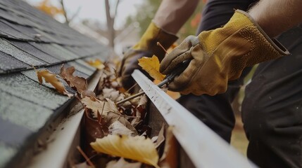 A solitary figure, clad in autumn hues, carefully removes fallen leaves from a gutter, their actions a quiet ode to the changing of seasons