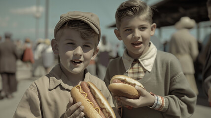  two young boys holding hot dogs, executed in the retro style of the 1940s–1950s