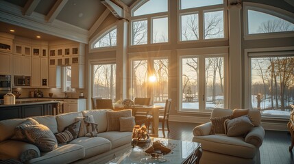 A serene dawn breaks through the large bay windows of a new traditional style luxury home, casting soft, natural light across the living room and kitchen.