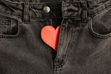 red heart inside Zipper of Black Denim Jeans