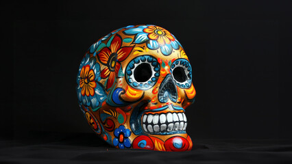 Sugar Skull Fiesta: Celebrate Cinco de Mayo with Floral Flair! on a black black background.