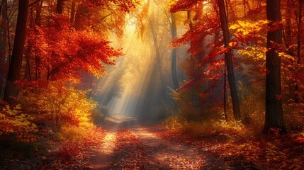 Autumn forest trail with rays of sunshine - Powered by Adobe