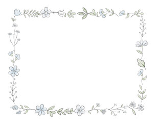 Rectangle frame with varied simple small blue flowers, plants and leaves isolated on white background. Watercolor hand drawn illustration