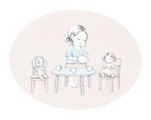 Watercolor tea party composition  with cartoon baby girl, doll, dishes and furniture on oval pink background. Watercolor hand drawn illustration sketch