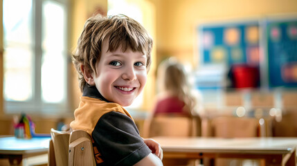 Portrait of a child student in his classroom smiling sitting at a desk in the classroom