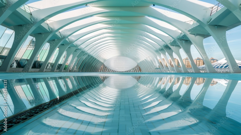 Poster Crystal clear waters mirror the intricate architecture of a pristine pool, its aqua hues blending seamlessly with the vast expanse of the white ceiling above
