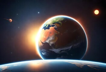 Approximate planet Earth in space with bright lights and on the surface. Sunbeams of the rising sun on the horizon in the dark starry space 3D illustration