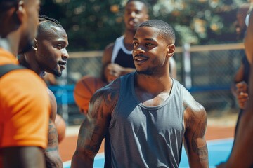 Obraz premium A team of determined male athletes proudly stand on the outdoor basketball court, their human faces showing fierce determination as they sport their matching uniforms, ready to dominate the game