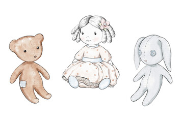 Set with varied cartoon toys doll, bear and bunny isolated on pink paper background. Watercolor hand drawn illustration