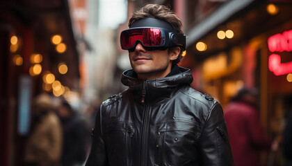 People on the street looking through AR glasses. Concept: Blending virtual reality and the real world
