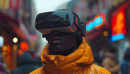 People on the street looking through AR glasses. Concept: Blending virtual reality and the real world