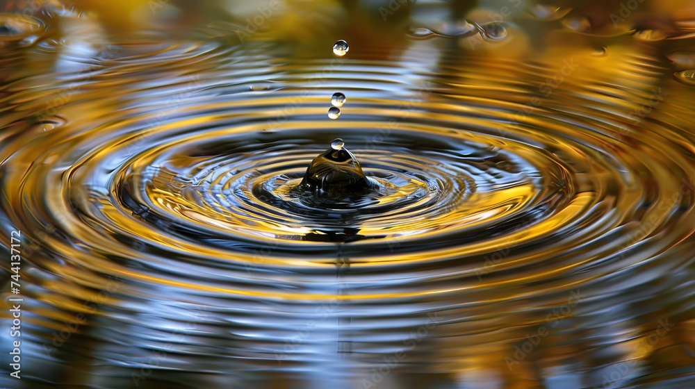 Poster an ethereal moment captured as a yellow water droplet falls gracefully into a shimmering outdoor rip