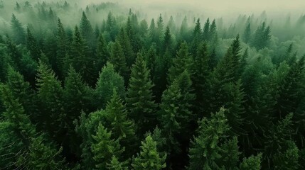 Aerial photography of a Norwegian forest. Treetops in the fog. Beautiful nature background