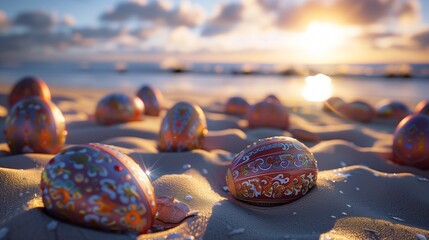 Capture the serene moment just as the sun peeks above the horizon on a tranquil beach setting. Easter eggs, ornately decorated, are spread elegantly across the sandy expanse, each one reflecting  - obrazy, fototapety, plakaty