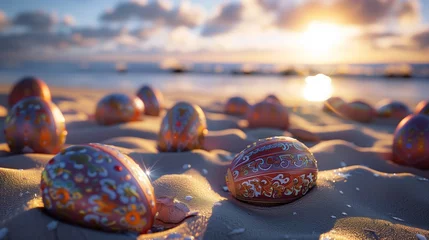 Fotobehang Capture the serene moment just as the sun peeks above the horizon on a tranquil beach setting. Easter eggs, ornately decorated, are spread elegantly across the sandy expanse, each one reflecting  © Muhammad
