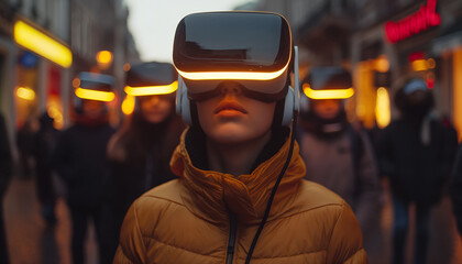 People on the street looking through AR glasses. Concept: Blending virtual reality and the real world