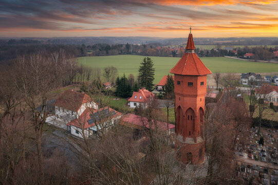 Teutonic castle in Paslek city at sunset, Poland.