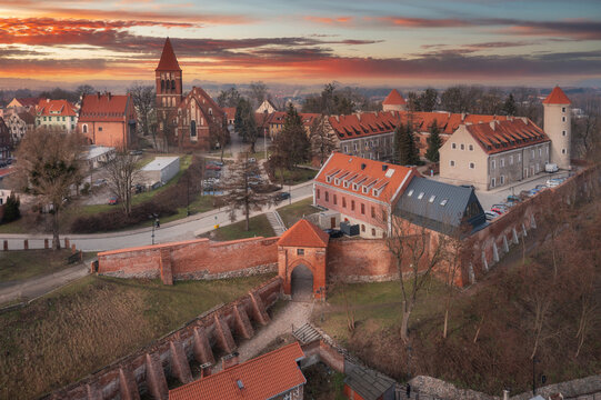 Teutonic castle in Paslek city at sunset, Poland.