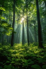 Fototapeta premium Magical morning light in a dense green forest