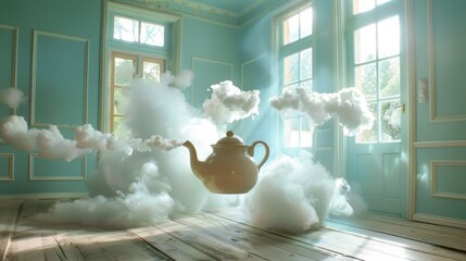 A whimsical teapot soars through a sky of fluffy clouds, framed by an indoor window and a colorful wall